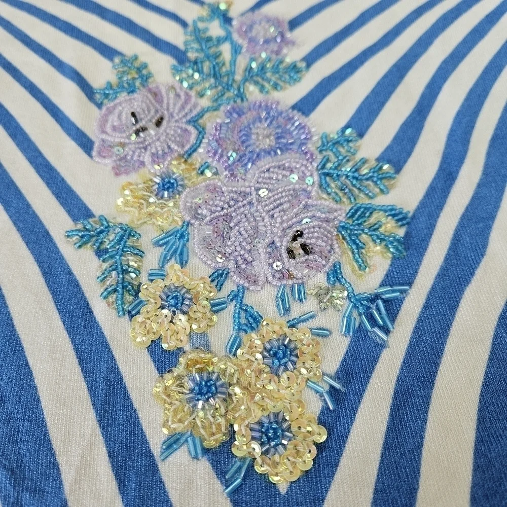 NEW VINTAGE FAUST Striped Floral Beaded Embellished Knit Top Medium Y2K